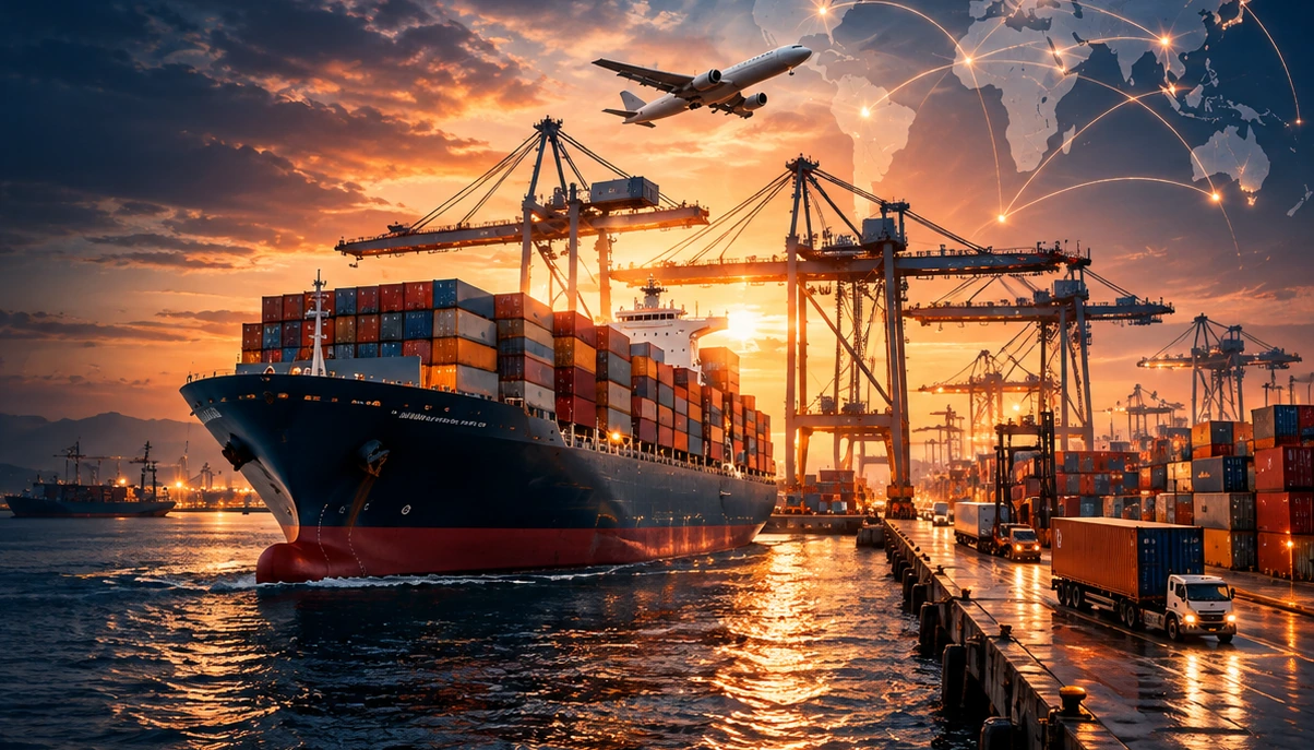 Cargo ship carrying containers at an international port
